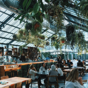 People dining in a restaurant with class ceiling and plants in hanging pots.